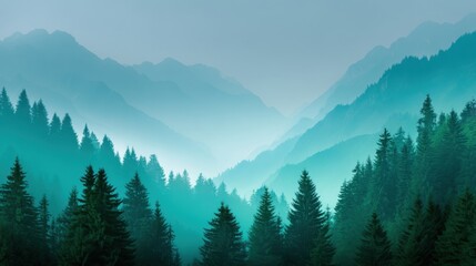 Serene Misty Mountains Surrounded by Lush Green Pine Trees Under a Mysterious Foggy Atmosphere in a Tranquil Landscape Setting