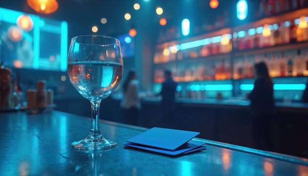 Glass of water sits on bar near credit card. Nightclub background blurred with lights and people. Scene captures modern finance lifestyle. Party scene shows payment at establishment.