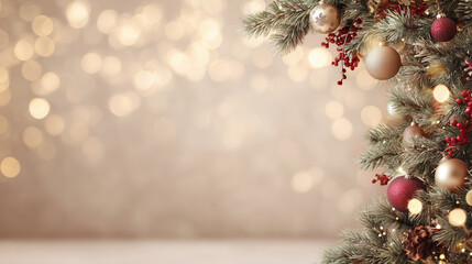 Holiday border of ornaments and pine on soft bokeh background, elegant Christmas frame