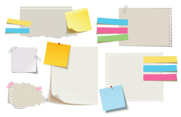 Set of various blank notes, sticky papers, torn sheets, grid pages and colorful memo strips with clips and pins, isolated on white for planners, reminders and design projects