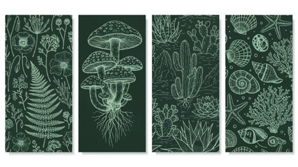 Botanical and Marine Life Illustrations on Dark Green Background