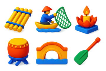 River Tradition Icons. 3D icon set of river traditions: bamboo raft, fisherman net, water lantern, riverside drum, bridge arch,