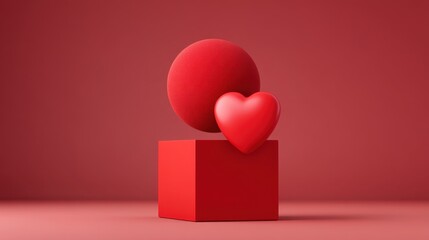 Red geometric shapes with a sphere, heart, and cube on a solid red background symbolizing love, creativity, and modern design aesthetics for various concepts