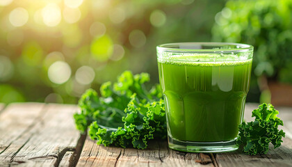 Healthy kale juice in cup, wooden tabletop, refreshing diet beverage, appetizing drink.