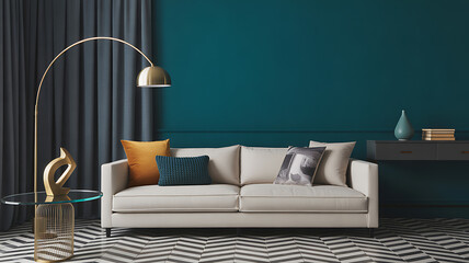 Modern Living Space With Teal Wall And Gold Arc Lamp