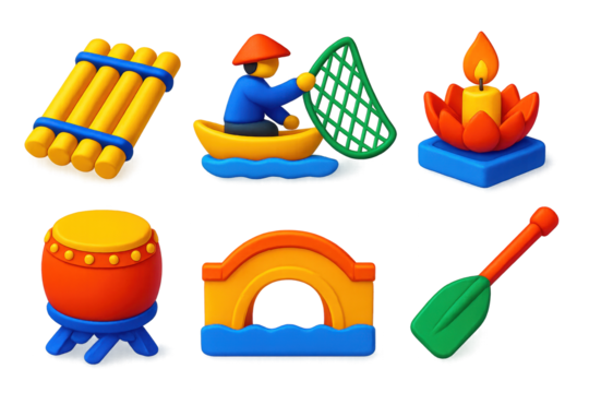 River Tradition Icons. 3D icon set of river traditions: bamboo raft, fisherman net, water lantern, riverside drum, bridge arch,