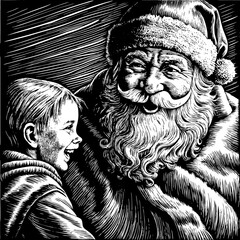 Child with Santa Claus Vintage Engraved Holiday Illustration
