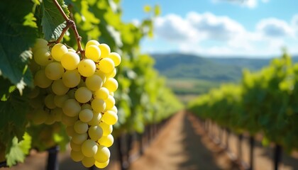 Bright green grapes ripen on vine in sunny vineyard. Abundant fruit hangs from branches. Long rows of grapevines stretch far into distance under clear blue sky. Summer harvest ready for making