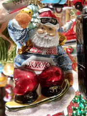 Christmas glass decorations for sale on a shop window, decorative hand painted ornament for the christmas tree