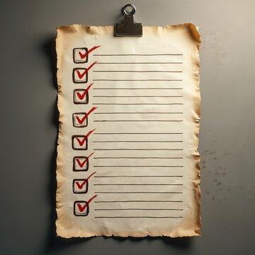Old paper checklist with red checkmarks. Vintage grunge list with empty lines for notes. To do list marked with ticks. Aged paper background with lines.