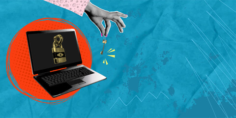 A trendy halftone collage in a pop art style. A closed lock hangs on a laptop, and a human hand holds the key. Protect your personal data online.