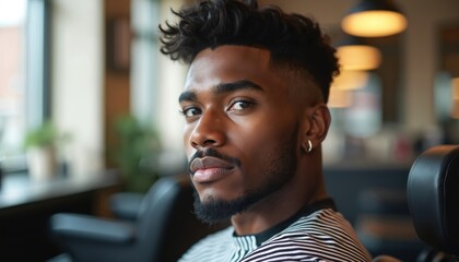 Young dark-skinned man sits in barbershop chair. He has stylish haircut and thoughtful expression. Man wears striped cape in modern barbering space with black chair and light fixtures.
