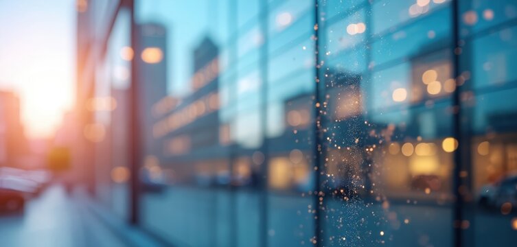 Blurred glass facade of a modern office building at sunset. Reflecting city lights and sky create an abstract backdrop for corporate themes and urban settings.