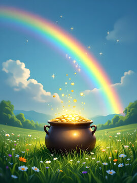 Cartoon illustration of a pot of gold under a rainbow in a green field 