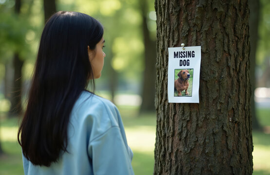 Woman looks at missing dog notice on tree. Someone lost their pet and posted a flyer hoping for its return. The picture shows sadness and worry.