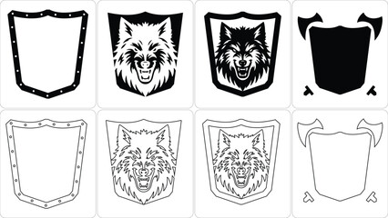 Collection of shield and wolf emblems for design and gaming