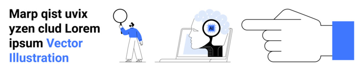Man holding a balloon beside text, head with magnifying glass over brain on laptop screen, pointing hand symbolizing focus. Ideal for innovation, research, analysis, education, learning, exploration