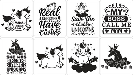 Collection of whimsical unicorn themed graphic designs with inspirational quotes