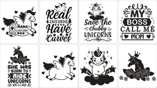 Collection of whimsical unicorn themed graphic designs with inspirational quotes