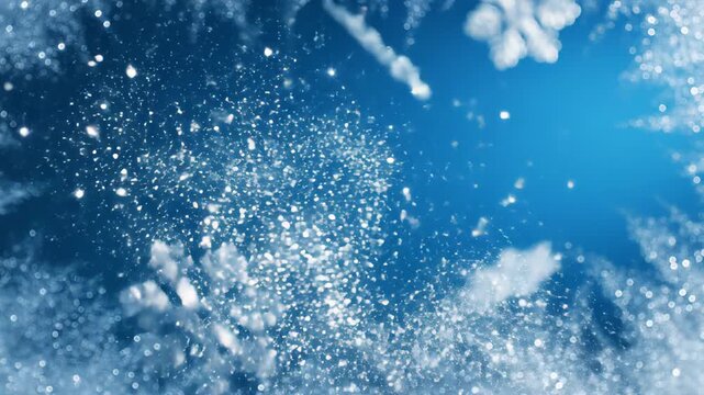 Snowflakes gracefully descend through a shimmering blue backdrop, capturing the enchanting beauty of winter, with a gentle camera pan revealing intricate details and sparkling textures