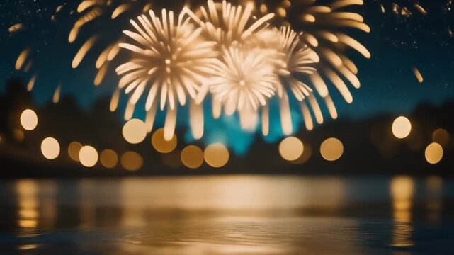 Bokeh over the River. Happy New Year. A close-up shot focused on the soft ethereal bokeh light reflections shimmering on a dark river surface with out-of-focus golden fireworks exploding high above.
