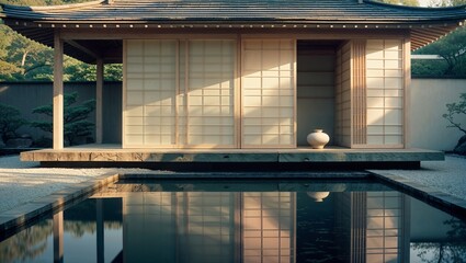 Japanese Tea House Reflecting on Still Water, Minimalist Design with Serene Garden Backdrop
