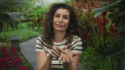 Woman making a begging gesture with both hands outstretched in a sunlit green park; desperation plea.