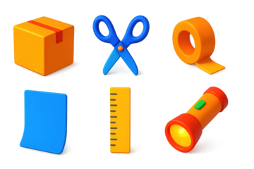 DIY Science Icon Set. 3D icon set of DIY science: cardboard box, scissors, tape roll, paper sheet, flashlight, ruler. A set of