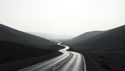 Black, white photo of winding asphalt road through rolling hills. Smooth highway curves into distance creating sense of journey, exploration. Minimalist landscape with dramatic light, shadow contrast.