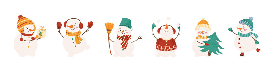 Cute snowman collection in cozy winter outfits. Festive snowmen with gifts, broom, tree and playful poses. Flat vector illustration for Christmas designs, cards, stickers and holiday decorations.