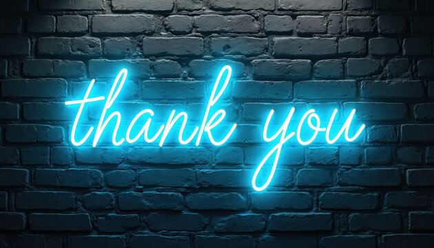 Bright blue neon sign spells thank you in cursive script against a dark brick wall. The glowing text creates a modern, vibrant feel, perfect for expressing gratitude.