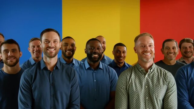 A diverse group of men posing in front of a colorful backdrop, beaming with smiles. Each man has his own unique expression Stock Video