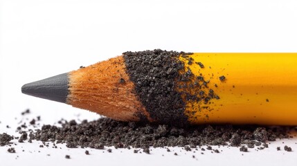 Yellow Pencil with Shavings and Graphite Dust on White Background, Close-Up of Artist Tool for Drawing, Sketching, and Writing Activities