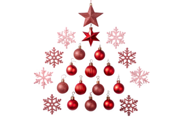 Christmas tree shape made of ornaments and snowflakes isolated on transparent background