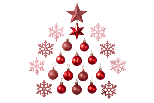 Christmas tree shape made of ornaments and snowflakes isolated on transparent background