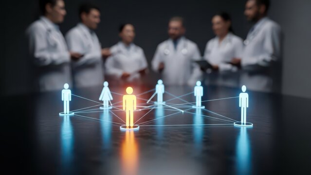 Medical Team Collaboration with Digital Network and Healthcare Technology Icons
