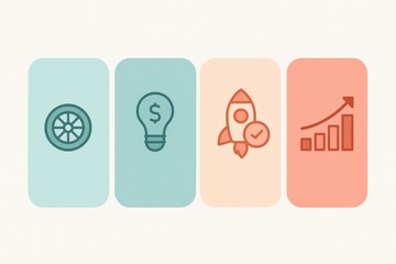 Visual representation of economic growth and innovation through iconography featuring a wheel symbolizing progress, a lightbulb representing ideas, a rocket indicating launch, and a graph