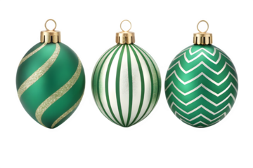 Three green christmas ornaments with gold patterns isolated on transparent background
