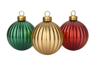 Three ribbed oval christmas ornaments in green gold and red isolated on transparent background