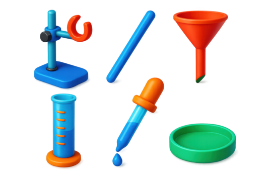 3D Lab Equipment Icons. 3D icon set of lab equipment: clamp stand, glass rod, funnel, measuring cylinder, dropper, petri dish. A