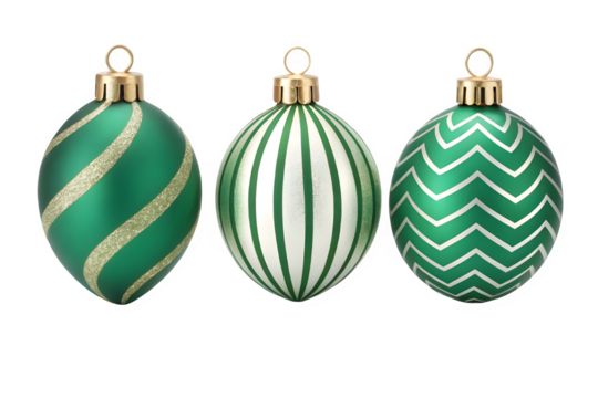 Three green christmas ornaments with gold patterns isolated on transparent background - Powered by Adobe