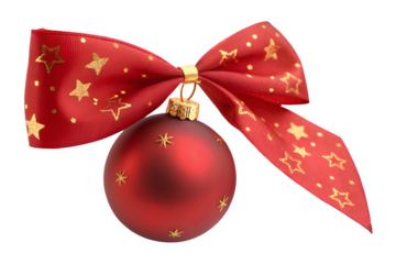 Red christmas ornament with star pattern bow isolated on transparent background