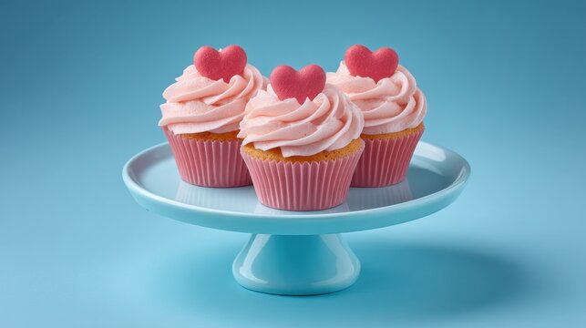 Three Heart Topped Cupcakes with Pink Frosting on Blue Plate Against Soft Blue Background for Sweet Treat Imagery in Celebrations