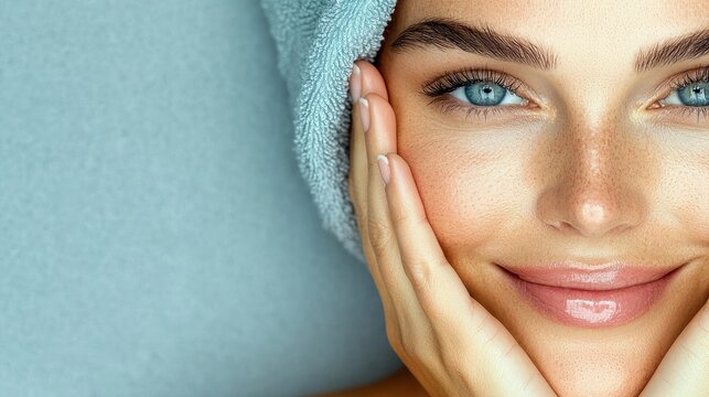 Close-up of a smiling woman with a towel on her head, touching her face. The image emphasizes beauty and skincare.