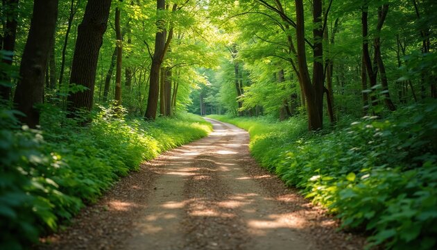 Winding dirt path leads through dense green forest. Bright sunlight filters down through tall tree canopies, creating dappled shadows on ground. Fresh plants grow along quiet trail, inviting peaceful