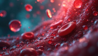 Microscopic view of red blood cells circulating in bloodstream. Cells carry oxygen throughout body. This vibrant close up shows medical science and life.