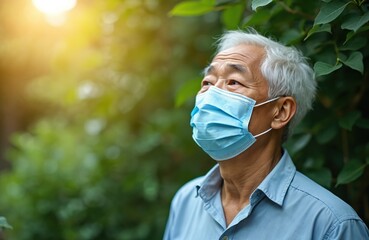 Elderly asian man wears blue face mask outdoors in green garden. White hair, wrinkles. Sunlight shines through leaves. Concerned look, protection against air pollution and illness.