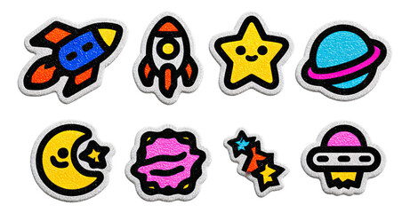Colorful Space-Themed Stickers Featuring Rockets, Stars, Planets, and More for Creative Projects