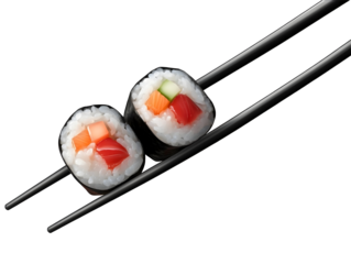 black chopsticks holding sushi isolated on transparent background