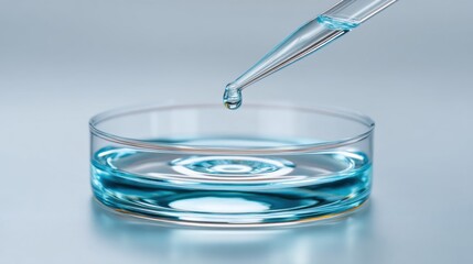 Close-Up View of Dropper with Liquid Droplet Falling into Petri Dish, Laboratory Scene, Science Experiment, Clean and Clear Aesthetic, Blue Color Scheme